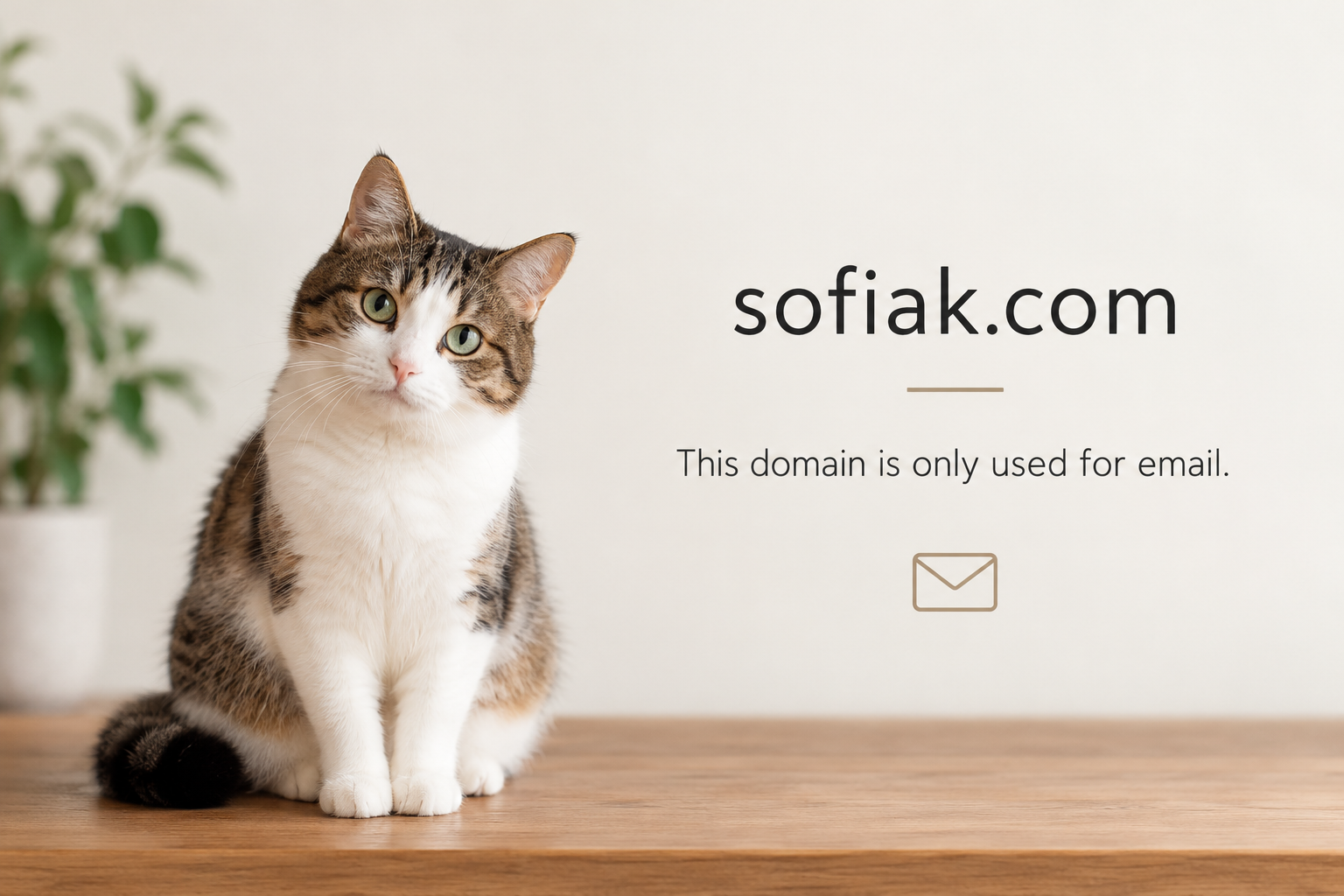 sofiak.com — This domain is only used for email. A cat is pictured beside the message.